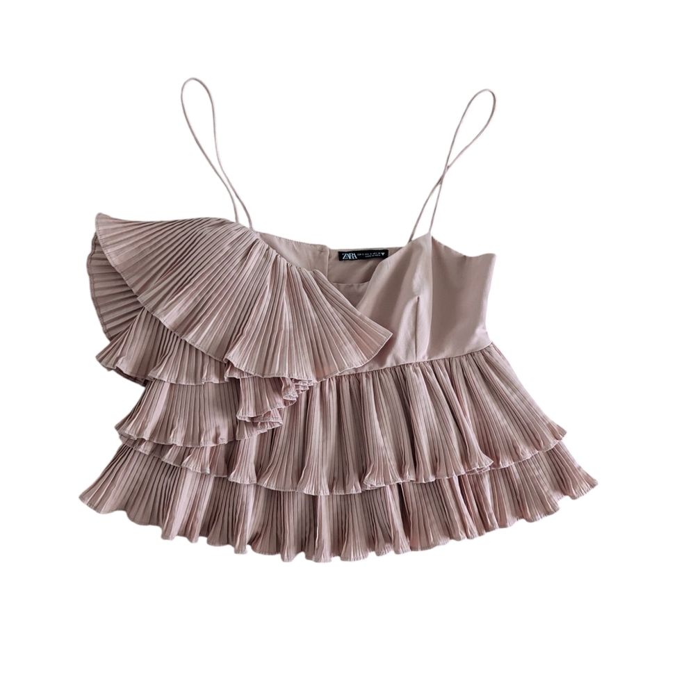 Zara Dusty Rose Pleated Asymmetrical Crop Cami Top Sz.S